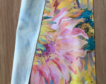Sunflower Tea Towel, Original Acrylic Painting of Yellow, Pink, Blues and Greens. Simple Gift Ideas for Summer!