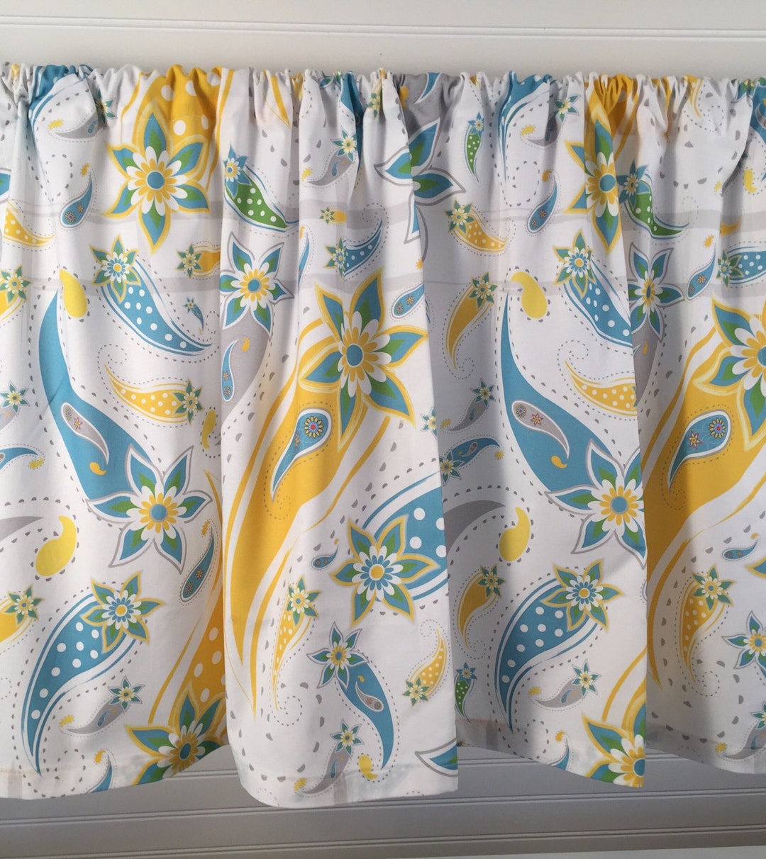 Turquoise Curtain Cottage Chic Valance Yellow & Grey Paisley Etsy