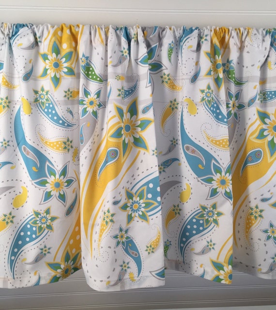 Items similar to Turquoise Curtain, Cottage Chic Valance, Yellow & Grey