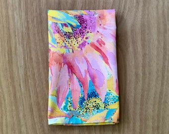 Sunflower Tea Towel, Original Acrylic Painting of Yellow, Pink, Blues and Greens. Simple Gift Ideas for Summer!