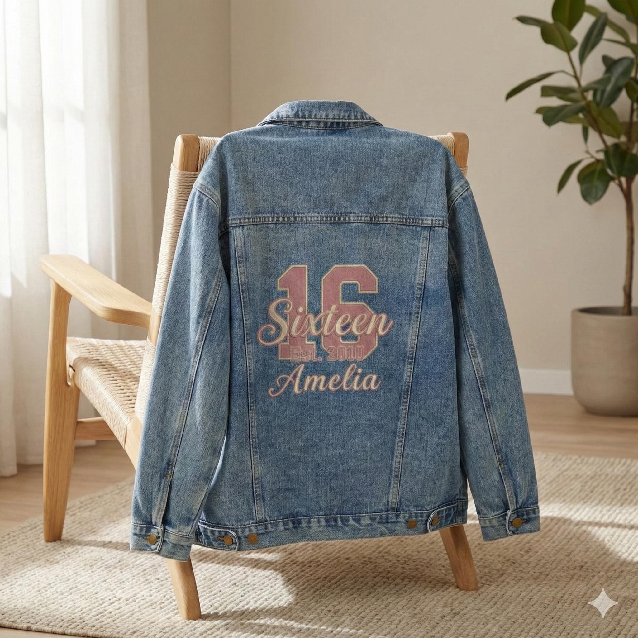 Custom Sweet 16 Denim Jacket, Personalized Varsity Name Jean