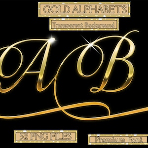 Op de afbeelding: Gouden cursieve letters "A" en "B" op een zwarte achtergrond, ideaal voor digitaal ontwerp. De afbeelding bevat tekst: "GOLD ALPHABETS", "Transparent Background", "52 PNG FILES" en "Premium Font".