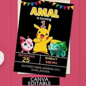 Editable Pika Birthday Invitation, Poke Birthday Party Template, Digital Birthday Invitation, Instant Download, easy edit with canva