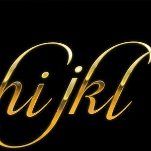 May include: Gold-colored, stylized lettering spelling out "hijkl" against a black background. The letters have a glossy, reflective appearance, with a slight gradient effect. The overall design is elegant and modern.