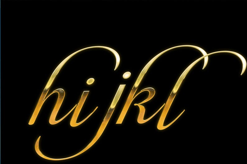 May include: Gold-colored, stylized lettering spelling out "hijkl" against a black background. The letters have a glossy, reflective appearance, with a slight gradient effect. The overall design is elegant and modern.