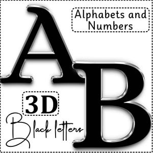 May include: Black 3D letters 'A' and 'B' with a silver outline. The image includes the text 'Alphabets and Numbers' and '3D Black letters'. The letters are set against a white background.