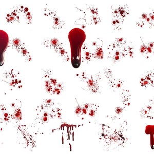 May include: A collection of red blood splatters and drips on a white background. The image includes various sizes and shapes of bloodstains, including a handprint and several large drips.