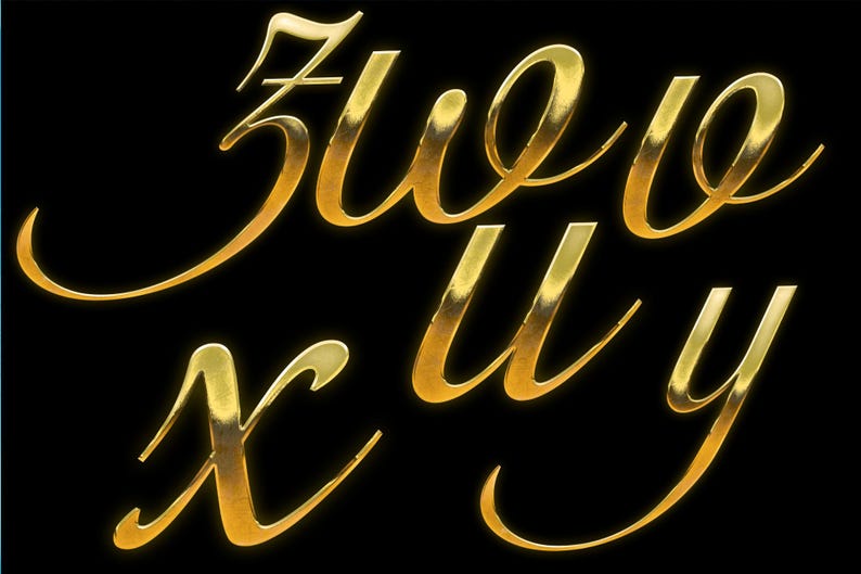 May include: Gold-colored, cursive letters Z, W, O, X, U, and Y on a black background. The letters have a shiny, metallic appearance, suggesting a luxurious or elegant theme. The image is suitable for design elements or decorative purposes.
