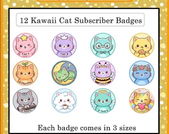 Cute Cat Twitch Sub Badges, 12 Kawaii Cat Subscriber Badges, Fluffy Cat Tier Badges, Discord Role Icons, Cat Twitch Badges