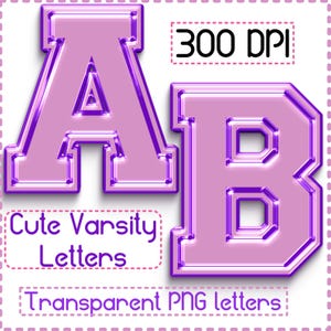 May include: Two large, glossy, light purple varsity-style letters, A and B, with dark purple outlines and a metallic sheen. The image includes the text 300 DPI, Cute Varsity Letters, and Transparent PNG letters in a simple black sans-serif font.