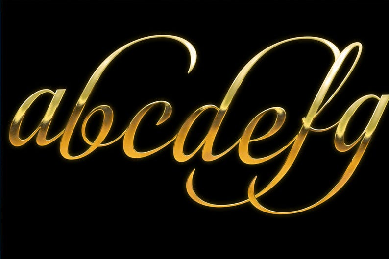 May include: Gold cursive letters a through g on a black background. The letters have a shiny, metallic appearance, with highlights and shadows that give them a three-dimensional look. The font is elegant and flowing.