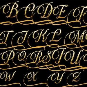 May include: A full alphabet in a gold, cursive font against a black background. The letters are elegantly styled with a flowing, calligraphic design. The gold color gives a luxurious and classic feel to the font.