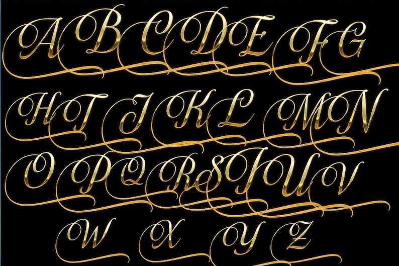 May include: A full alphabet in a gold, cursive font against a black background. The letters are elegantly styled with a flowing, calligraphic design. The gold color gives a luxurious and classic feel to the font.