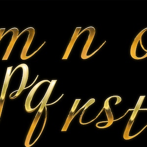 May include: Gold-colored, cursive letters m, n, o, p, q, r, s, and t against a black background. The letters have a shiny, metallic appearance, with highlights and shadows that give them a three-dimensional look. The font is elegant and flowing.