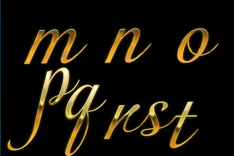 May include: Gold-colored, cursive letters m, n, o, p, q, r, s, and t against a black background. The letters have a shiny, metallic appearance, with highlights and shadows that give them a three-dimensional look. The font is elegant and flowing.