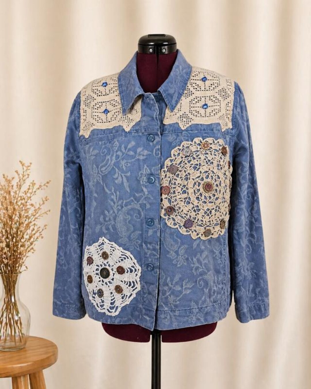 Doiley Jacket Upcycled Denim Jacket Women | Vintage Doily Crochet Embellished Boho ...