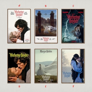 May include: Six framed movie posters for "Wuthering Heights" are displayed. The posters feature images of actors, dramatic scenes, and the movie title. The posters are in wooden frames and vary in design and colour.