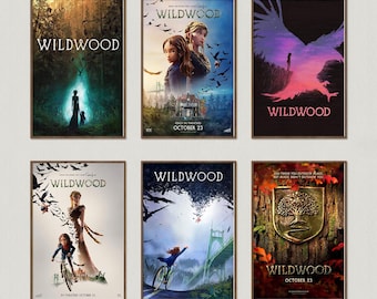 Puede incluir: Una colección de seis pósteres de la película Wildwood etiquetados de la A a la F. Los pósteres muestran varias escenas que incluyen paisajes forestales, personajes, un puente y un emblema de árbol, con el título Wildwood y fechas.
