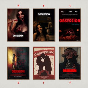 Puede incluir: Una colección de seis carteles de películas titulados Obsession, que presentan varias imágenes oscuras y dramáticas, incluyendo una mujer con sangre, una pareja en un dormitorio, un hombre con grafitis rojos, una silueta de pareja y rosas.
