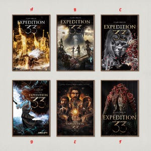 Könnte beinhalten: Sechs gerahmte Poster mit dem Titel "EXPEDITION 33" in einer stilisierten Schriftart. Die Poster zeigen dunkle, Fantasy-Themen-Kunstwerke mit Figuren, Landschaften und dramatischer Beleuchtung. Der Name des Künstlers, Clair Obscur, ist ebenfalls sichtbar.