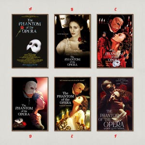 May include: Six framed posters showcasing various designs for "The Phantom of the Opera." Each poster has a dark backdrop, displaying characters, masks, and the title. The posters are rectangular and the artwork varies across each one.