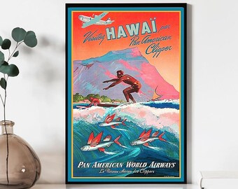 Hawaii 1950s Vintage Surf Travel Poster, Wall Art Prints, Canvas Material Gift, Keepsake, Home Decor, Live Room Wall Art