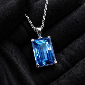 Blue Zircon Pixel Cut Pendant Necklace 925 Sterling Silver, Emerald Shape Sky Blue Gemstone, Minimalist Solitaire Jewellery, Gift for Her