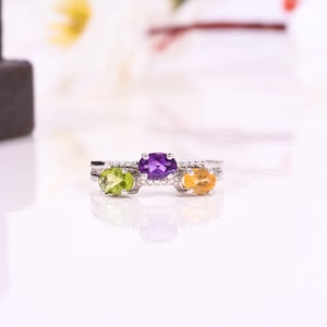 Amethyst Peridot Citrine Ring: Sterling Silver Three Stone Birthstone Jewelry