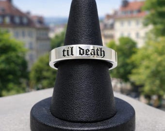 925 Sterling Silver Engraved Band Ring, “Til Death” Text Ring, Minimal Wedding Band, Unisex Promise Ring, Gothic Silver Ring