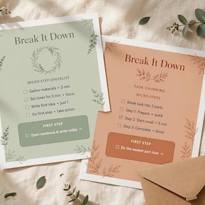 Puede incluir: Dos hojas rectangulares de lista de tareas con ilustraciones botánicas. La hoja izquierda es de color verde salvia con el texto Break It Down y una lista de micro-pasos. La hoja derecha es de color naranja terracota con el texto Break It Down.