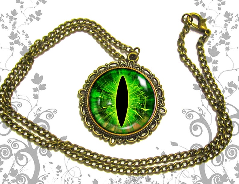 Green dragon eye necklace pendant dome glass bronze antique Etsy