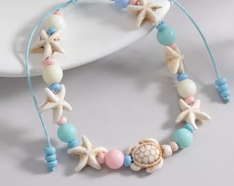 Handmade Shell Anklet Bracelet, Starfish Turtle Charm, Boho Beach Jewelry