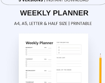 May include: A printable weekly planner with a minimalist design. The white planner includes sections for each day, top priorities, to-do lists, and notes. A yellow pencil with a pink eraser rests beside the planner.