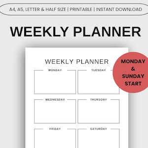 以下が含まれることがあります： シンプルなデザインの白い週間プランナー。週の各曜日のセクションがあり、月曜日と日曜日の開始を示す赤い円があります。上部には「WEEKLY PLANNER」の文字。A4、A5、レター、ハーフサイズで利用可能。