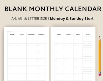 2 Page Blank Monthly Calendar, Month At a Glance, Monthly Planner Inserts, Sunday/Monday Start, A4/A5/Letter Sizes, Instant Download