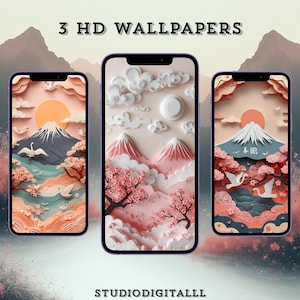 Könnte beinhalten: Drei Smartphones, die digitale Kunst-Hintergründe mit japanischem Thema anzeigen. Jedes Telefon zeigt eine andere Landschaft mit Bergen, Kirschblüten und Vögeln. Der Text "3 HD WALLPAPERS" und "STUDIODIGITALL" sind sichtbar.