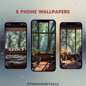 Cozy Cottagecore Phone Wallpapers, Forest Window, Books, Cats (Digital Download)