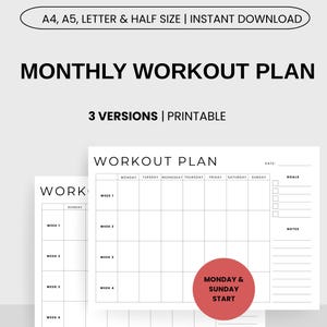 Könnte beinhalten: Ein weißer, druckbarer monatlicher Trainingsplan mit einem Rasterlayout zur Verfolgung von Übungen. Der Text "MONTHLY WORKOUT PLAN" wird in fetten schwarzen Buchstaben angezeigt. Der Plan enthält den Text "MONDAY & SUNDAY START".
