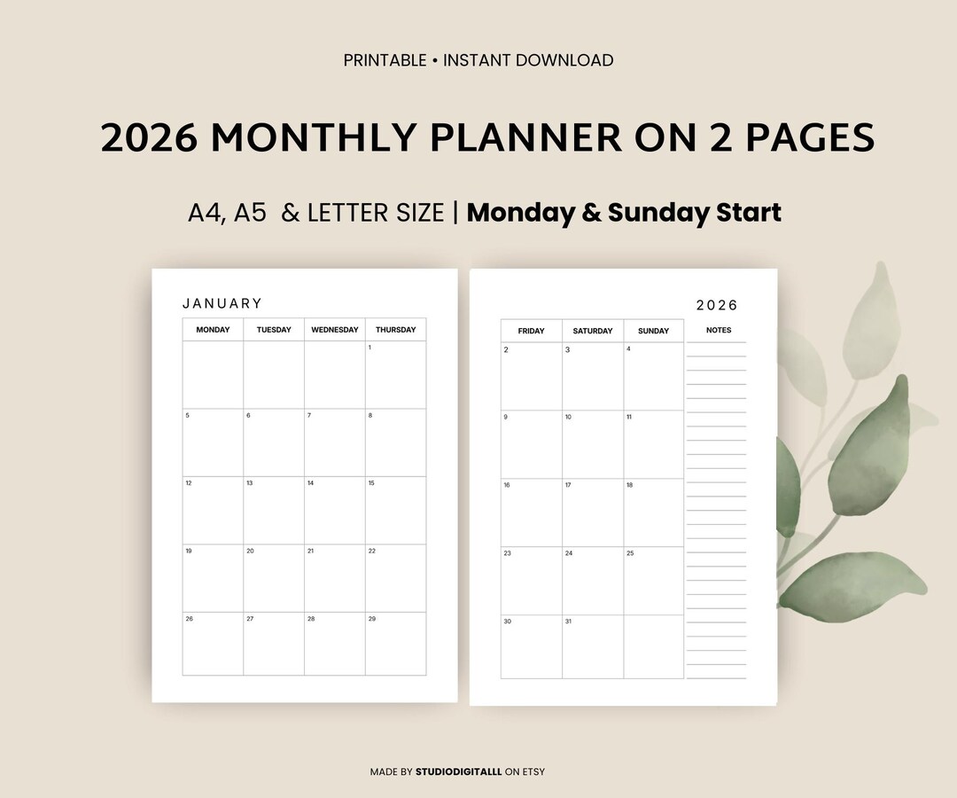 2026 Monthly Planner Printable, Dated Month on 2 Pages, 2026 Calendar