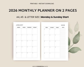 Agenda Mensal 2026 para Imprimir, Mês Datado em 2 Páginas, Calendário 2026, Mês em Resumo, A4/A5/Carta/Meio Ano, Download Instantâneo