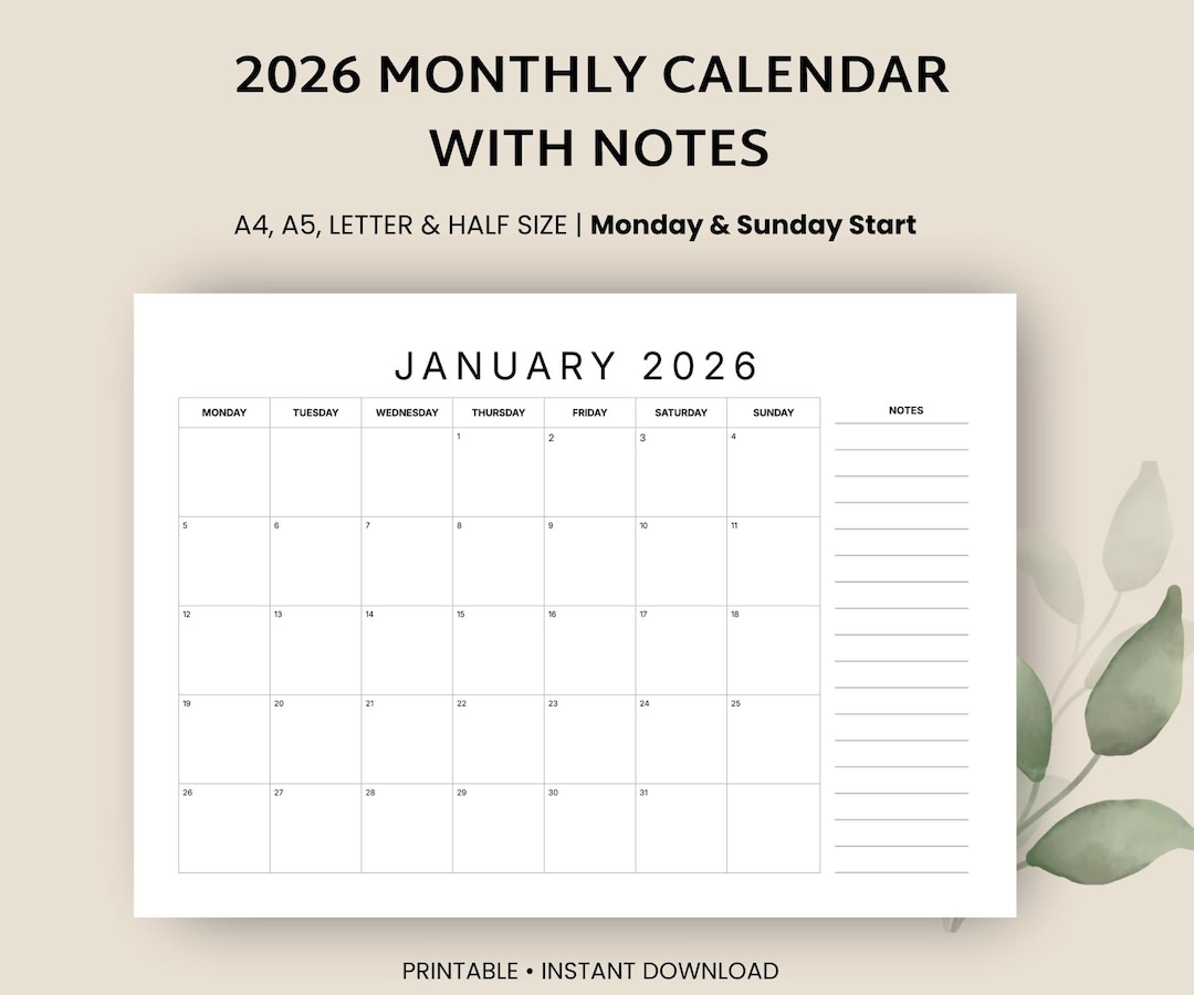 2026 Monthly Calendar With Notes, Printable Calendar Template ...