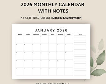 Calendário Mensal 2026 com Espaço para Anotações, Modelo de Calendário Imprimível, Formato Paisagem, Calendário Minimalista, Calendário Anual, Início na Segunda/Domingo, A4/Carta