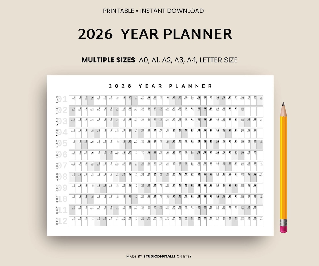 2026 Year Planner Printable, Yearly Planning Calendar, Calendar Poster
