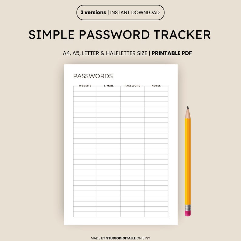 Simple Password Tracker Printable, Password Organizer, Password Keeper ...