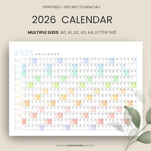 May include: A printable 2026 calendar available in multiple sizes: A0, A1, A2, A3, A4, and letter size. The calendar has a grid layout with each month color-coded. The text "2026 CALENDAR" is at the top.