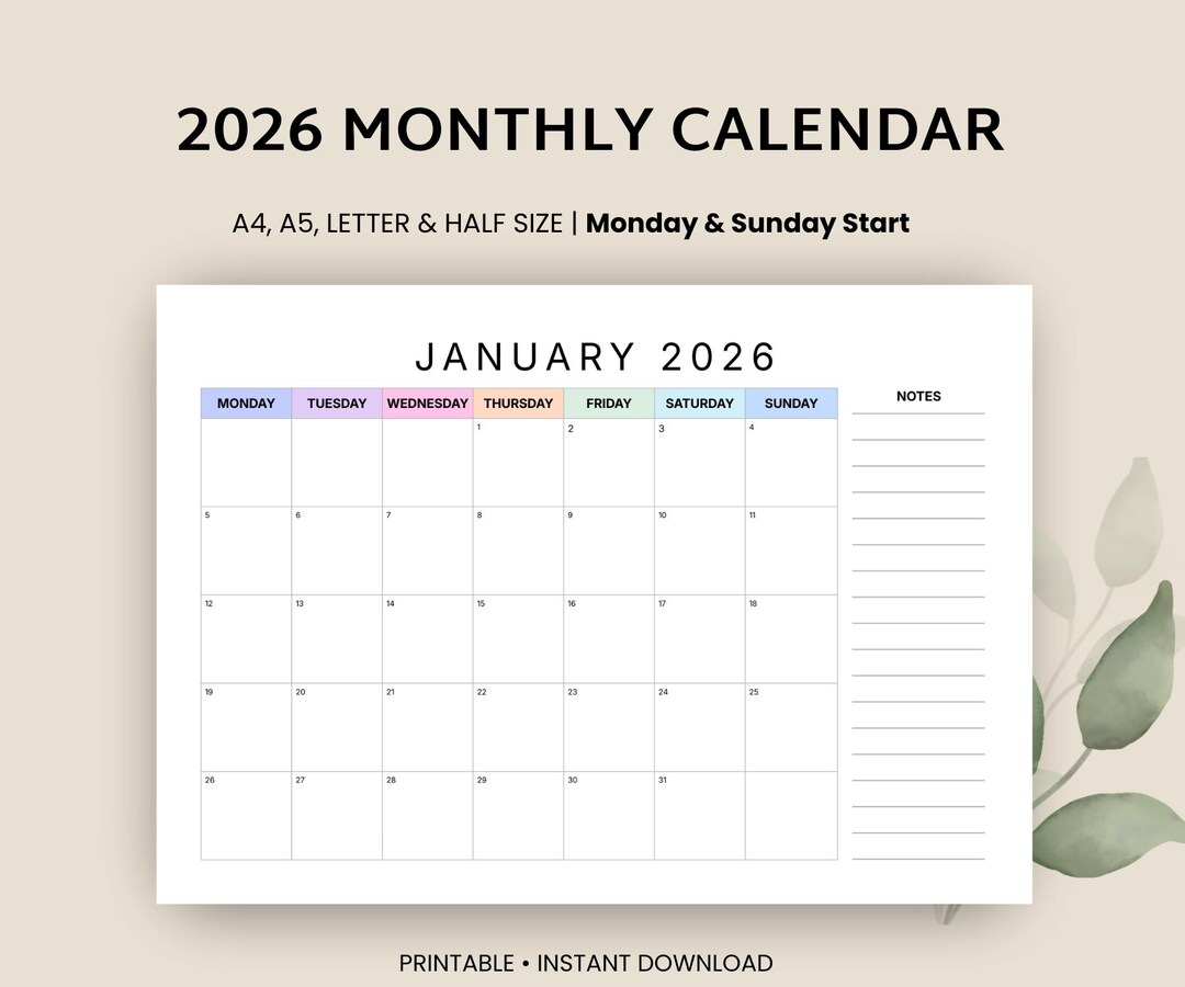 Kalender 2026 Monatsplaner 2026 Landschaft Eleganter Monatskalender