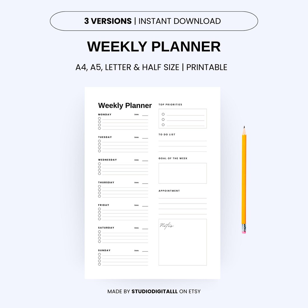 Minimalist Weekly Planner Printable, Undated, A4 A5 Letter (instant ...