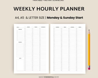 Weekly Planner, Daily Planner, Hourly Planner, To Do List, PDF Printable Inserts, A4, A5 & Letter, Instant Download