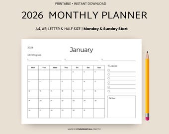 2026 Monthly Planner 2026 Calendar Landscape Elegant Monthly Calendar Sunday Start Monday Start 2026 Wall Calendar Monthly PRINTABLE PDF