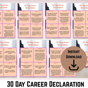 May include: A digital download featuring a 30-Day Career Declaration. The design includes multiple cards with text, a circular "Instant Download" graphic, and a large title at the bottom. The cards have a pink and purple color scheme.